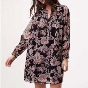 ANN TAYLOR LOFT Black Pink White Ruffle Neck Sleeve Shift Keyhole Dress Size S